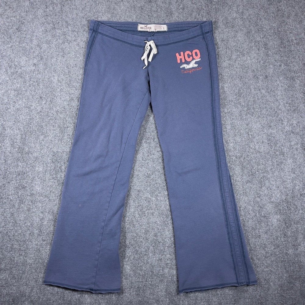 Y2K Hollister Sweatpants Women Large Blue Wide Leg Logo Drawstring Stripe